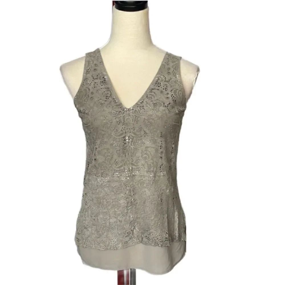 ECRU Elegant Gray & Tan Suede Sleeveless Blouse with Lace Design (Size: XS)